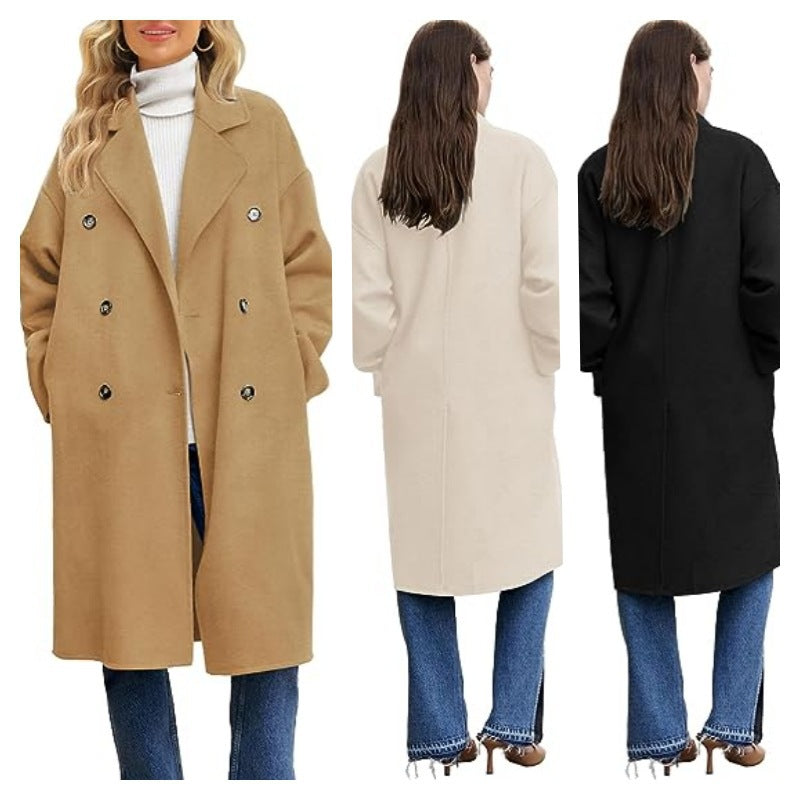 Damen eleganter und lässiger Wollmantel mit doppelter Knopfleiste EB