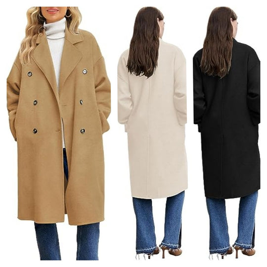 Damen eleganter und lässiger Wollmantel mit doppelter Knopfleiste EB
