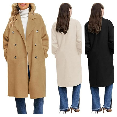 Damen eleganter und lässiger Wollmantel mit doppelter Knopfleiste EB