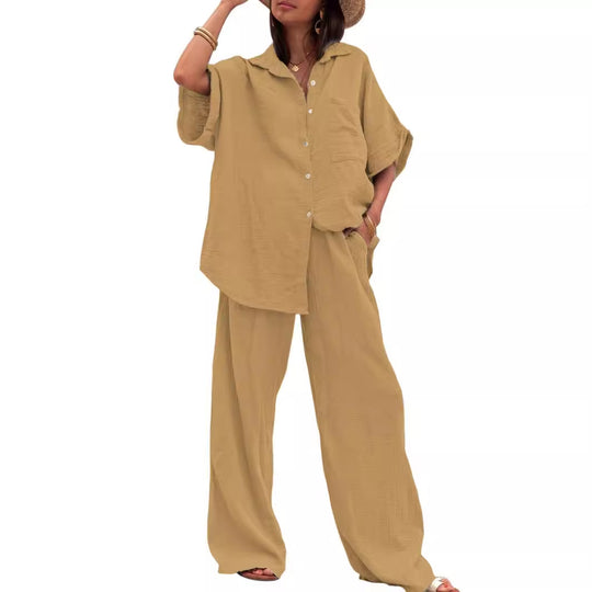 Damen Sommerliches Zweiteiler-Set mit übergroßem Hemd und weiter Hose EB