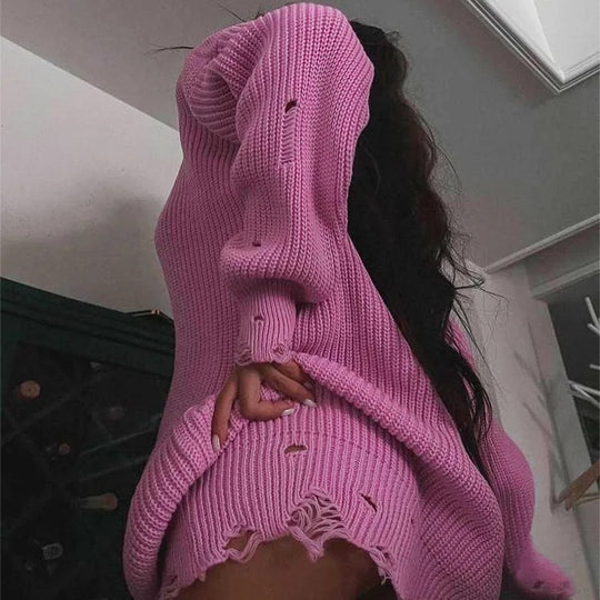 Damen Lässiger Pullover im Oversized-Stil mit V-Ausschnitt und lässigen Fransen EB