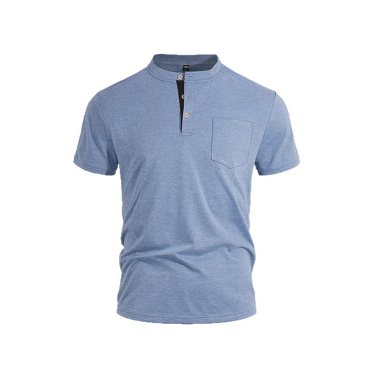 Herren nan strukturiertes Baumwoll-Henleyshirt mit kurzem Stehkragen Knopfleiste und Brusttasche EB