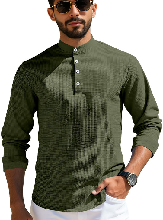 Herren nan strukturiertes Langarm-Henley mit Nehru-Kragen und Ton-in-Ton-Knopfleiste EB