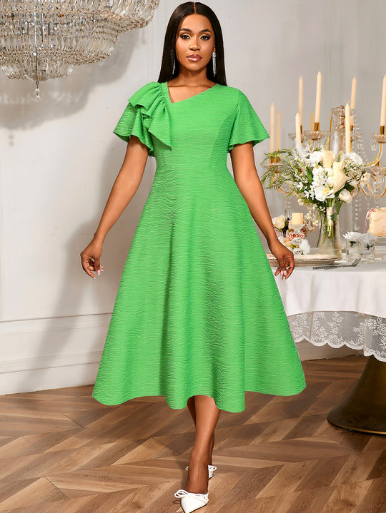 Damen Midikleid mit asymmetrischem Schal und voluminösen Ärmeln EB