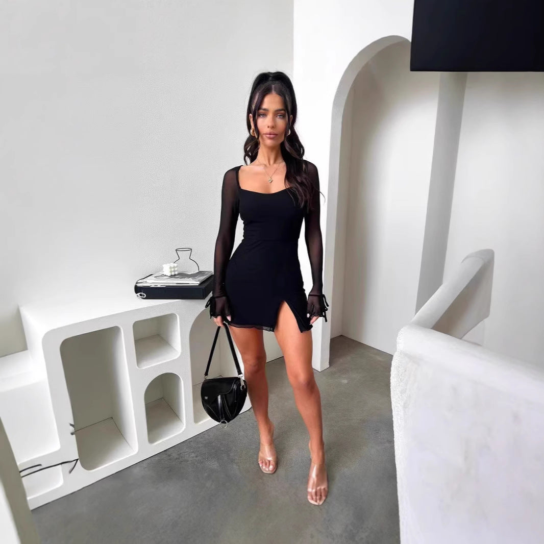 Damen Minikleid mit transparenten Ärmeln und seitlichem Schlitz EB