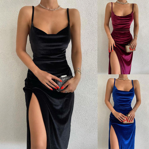 Damen hochwertiges Abendkleid mit Spaghettiträgern und seitlichem Schlitz EB