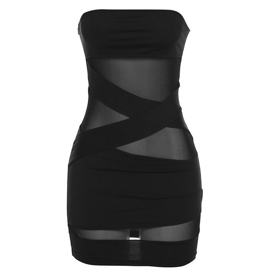 Damen Raffiniertes Bandeau-Kleid mit transparenten Einsätzen und Kreuzdetails EB