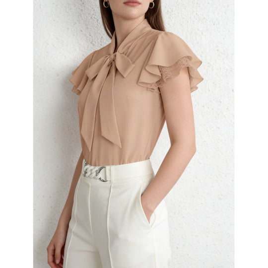 Damen Bluse mit Rüschenärmeln und feminine Schleife EB