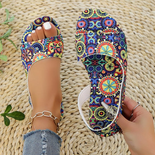 Damen modische Sandalen im Boho-Stil mit elastischen Riemen und einzigartigem Paisley-Muster EB