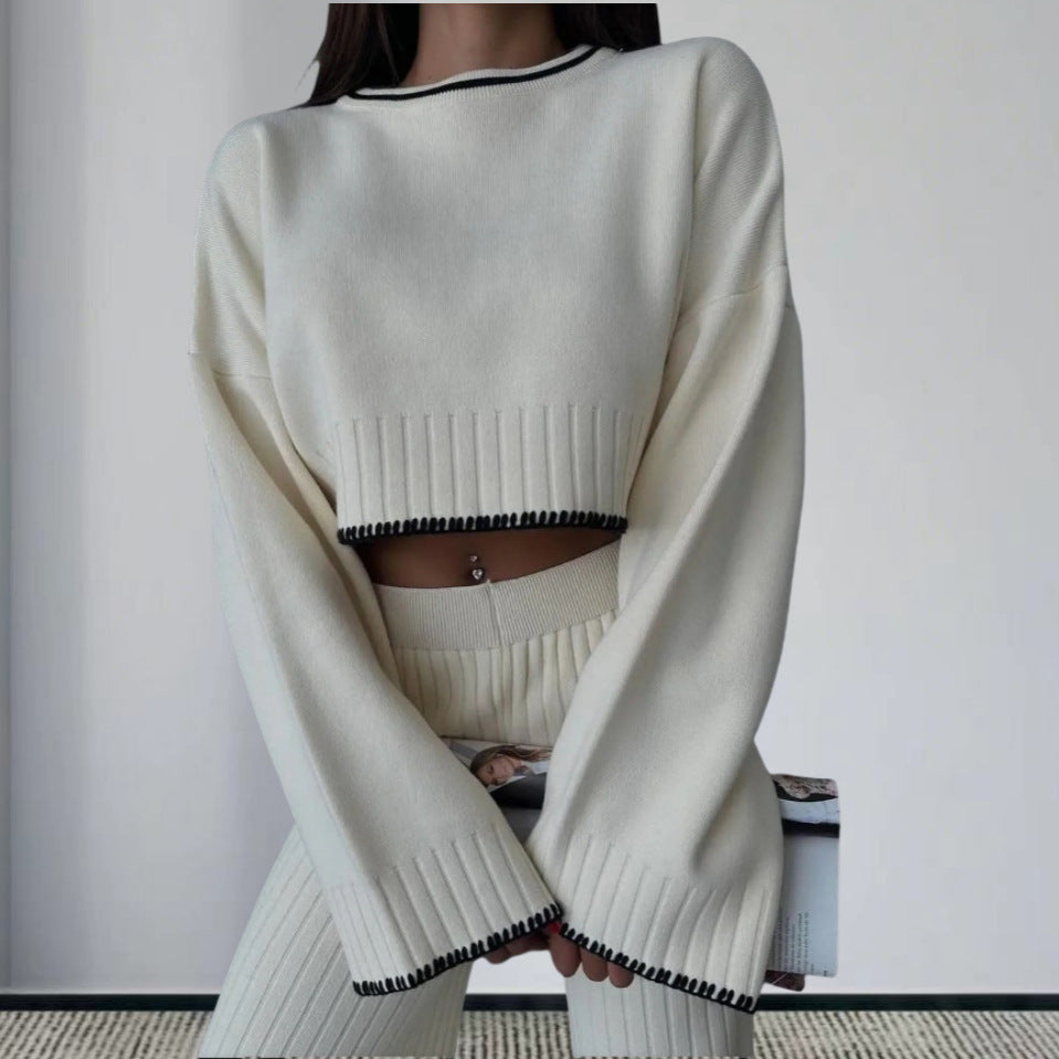 Damen elegantes Strickanzug mit weitem Bein und romantischen Ärmeln EB