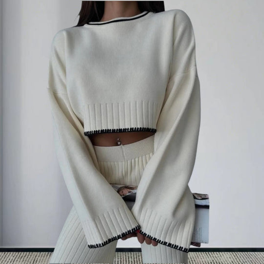 Damen elegantes Strickanzug mit weitem Bein und romantischen Ärmeln EB