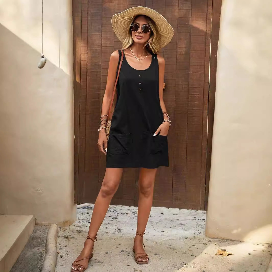 Damen Lässiges Sommerkleid mit Taschen und Knopfdetails EB