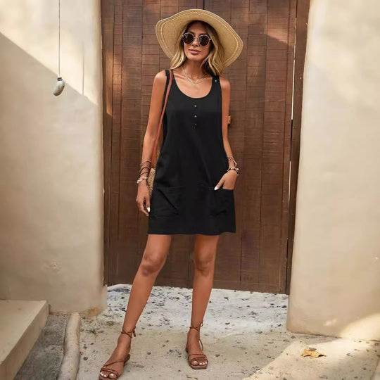 Damen Lässiges Sommerkleid mit Taschen und Knopfdetails EB