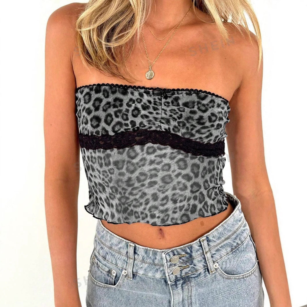 Damen Bandeau-Top mit trendigem Leopardenmuster und zarter Spitzenkante EB