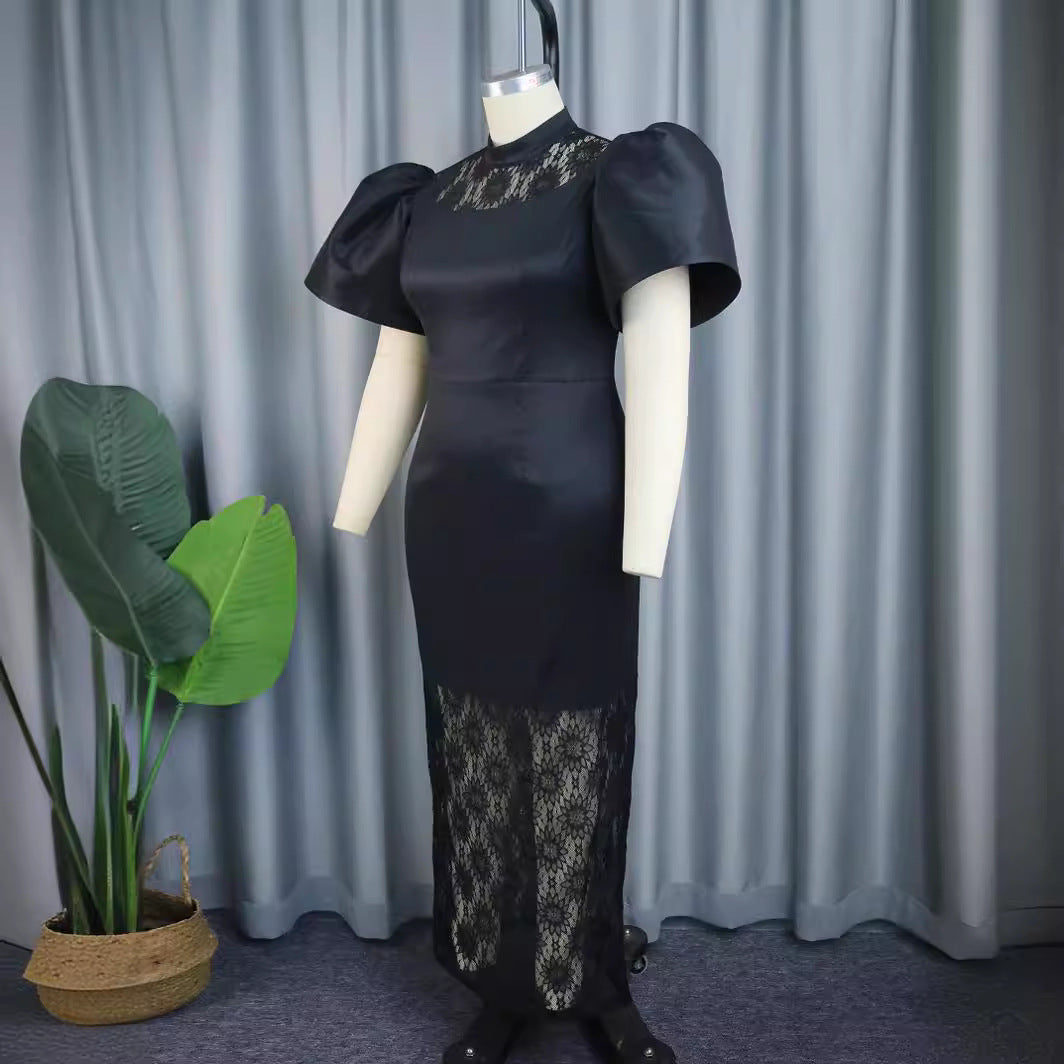 Damen Elegantes Maxikleid mit dekorativen Puffärmeln und romantischem Spitzenunterbau EB