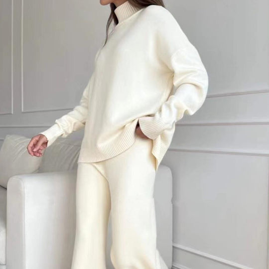 Damen Lässiges Strickset mit hohem Kragen und weitem Bein EB