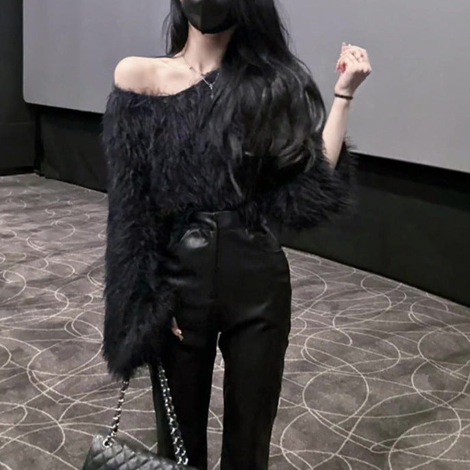 Damen Flauschiger Pullover mit lockerem Schnitt und weichen Ärmeln EB