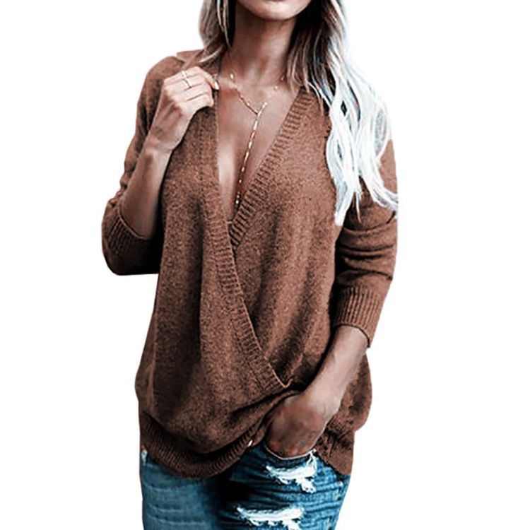 Damen Wickelpullover mit tiefem V-Ausschnitt und langen Ärmeln EB