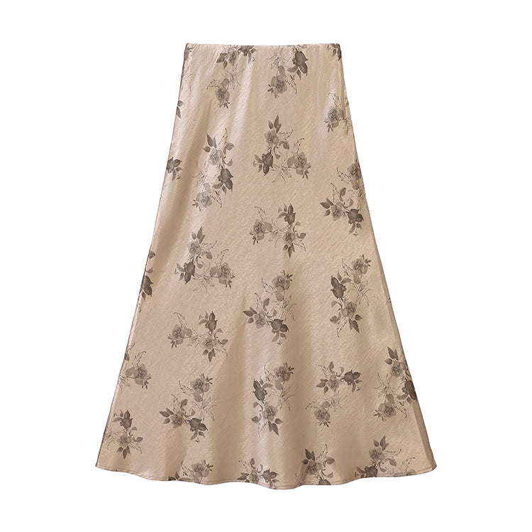 Damen  taillenhoher A-Linien-Midirock aus jacquardähnischem Satin mit floralem Relief EB