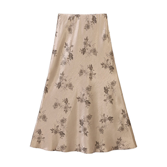Damen  taillenhoher A-Linien-Midirock aus jacquardähnischem Satin mit floralem Relief EB