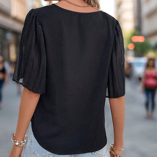 Damen Bluse mit Eleganten Schulterfreien Puffärmeln und V-Ausschnitt EB