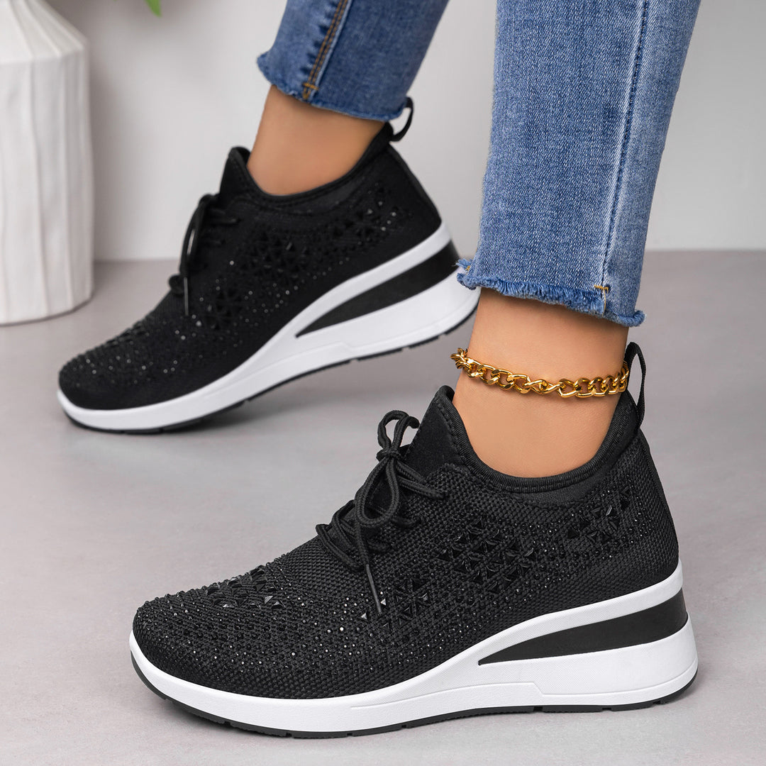 Damen Sportliche Glitzer Sneakers mit luftdurchlässiger Strickoberfläche und gepolsterter Sohle EB