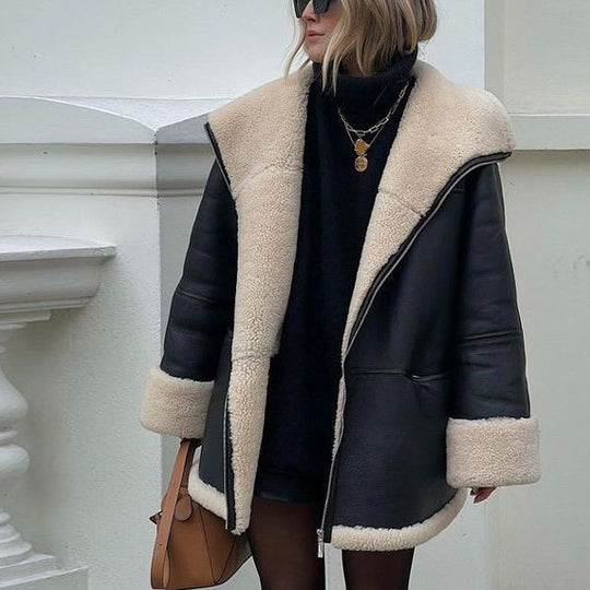Damen gesteppte Kunstlederjacke mit warmem Innenfutter und elegantem Revers EB