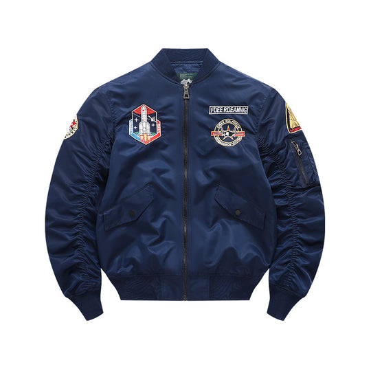 Men's  vintage-inspired mission patch flight bomber with utility sleeve pocket EB