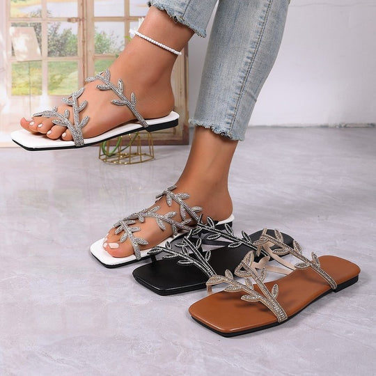 Damen dekorative Zehentrenner-Sandalen mit funkelndem Blattmuster EB