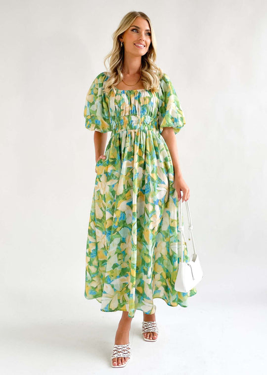 Damen Luftiges Maxikleid mit floralem Design und elastischem Taillenbund EB