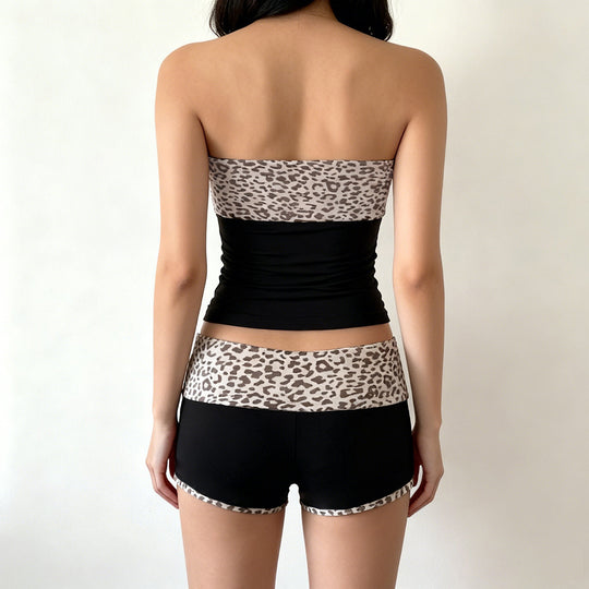 Damen Bandeau-Bikini-Set mit modischem Leopardenmuster und bequemen Shorts EB