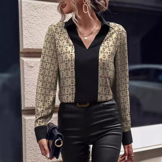 Damen Bluse mit modernem Mustermix und elegantem V-Ausschnitt EB