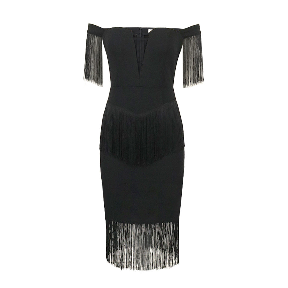 Damen Kleid mit Fransen und tiefem V-Ausschnitt EB