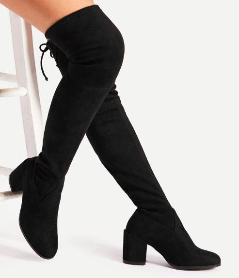 Damen Overkneestiefel mit modischem Blockabsatz und eleganter Schnürung EB