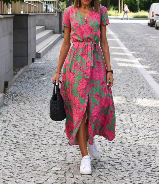 Damen Maxikleid mit Polka-Dots und seitlichem Schlitz EB