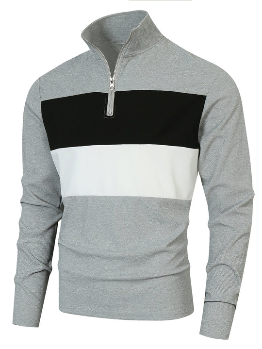 Herren nan Halbzip-Pullover mit Stehkragen, breitem Blockstreifen und fein gerippter Struktur EB