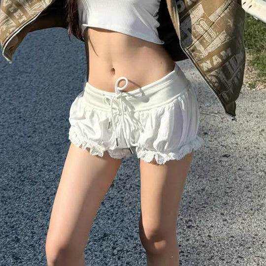 Damen modische Karostoff-Pyjama-Shorts mit Spitze und elastischem Bund EB