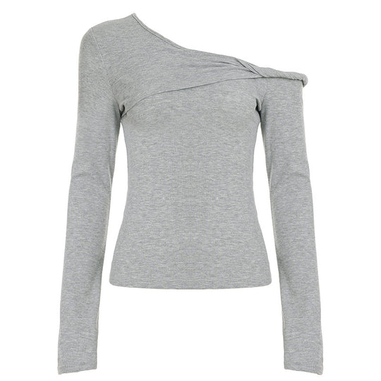 Damen nan asymmetrisches Rippenlangarmshirt mit Ein-Schulter-Design und dekorativer Knotenraffung EB