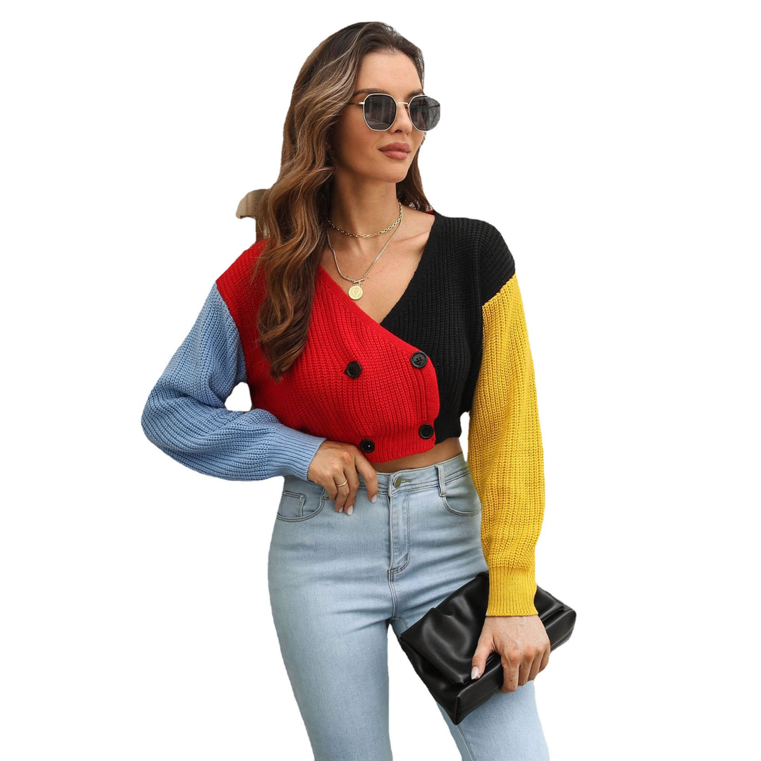 Damen cropped Strickjacke mit modischem Farbblock-Design EB