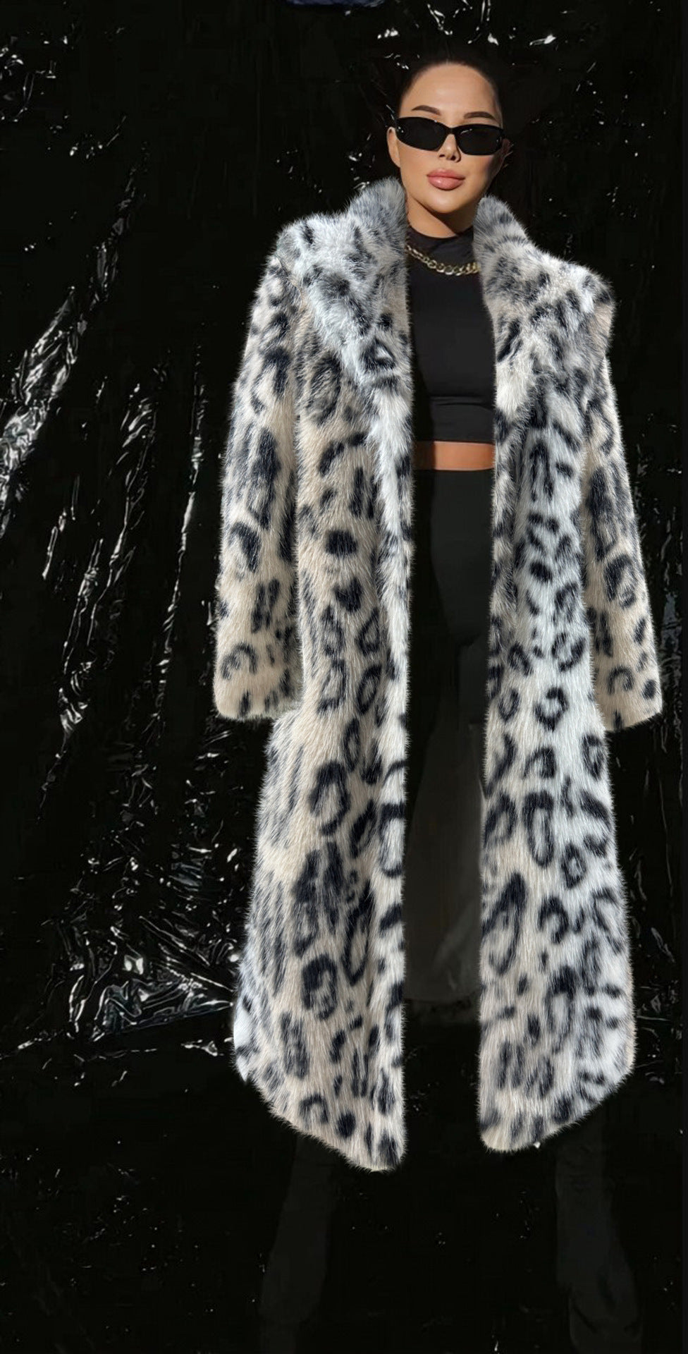 Damen Luxuriöser Kunstpelzmantel mit Leopardenmuster EB