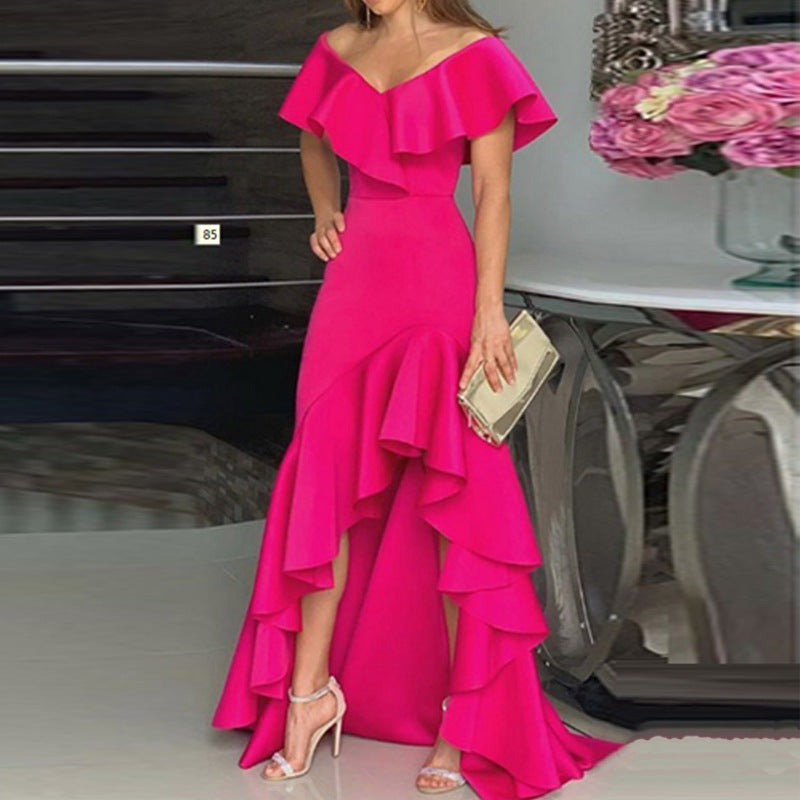 Damen Maxikleid mit voluminösen Rüschen und schulterfreiem Design EB