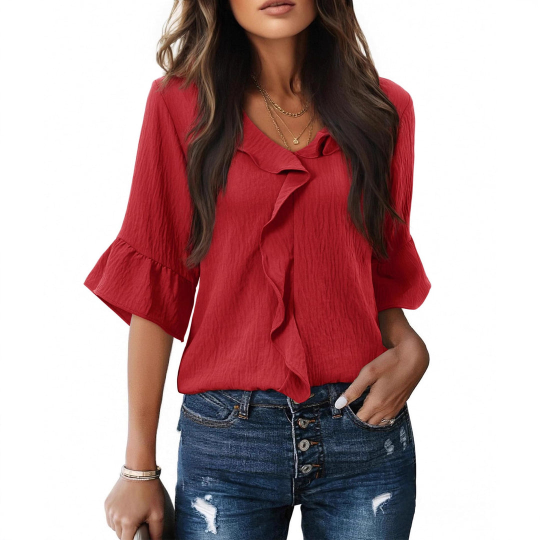 Damen Luftiges Blusenshirt mit Rüschendetails und V-Ausschnitt EB