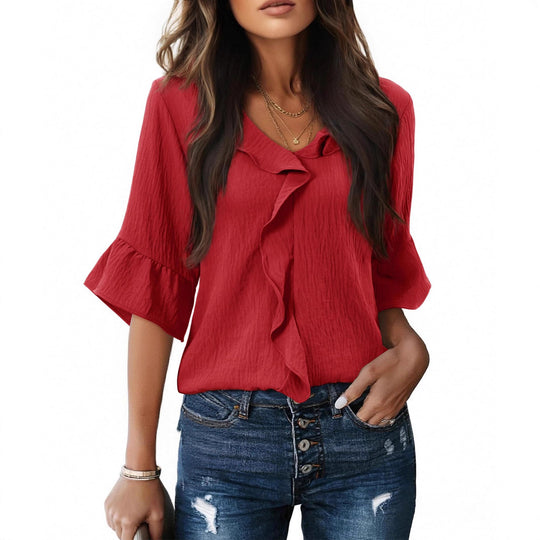 Damen Luftiges Blusenshirt mit Rüschendetails und V-Ausschnitt EB