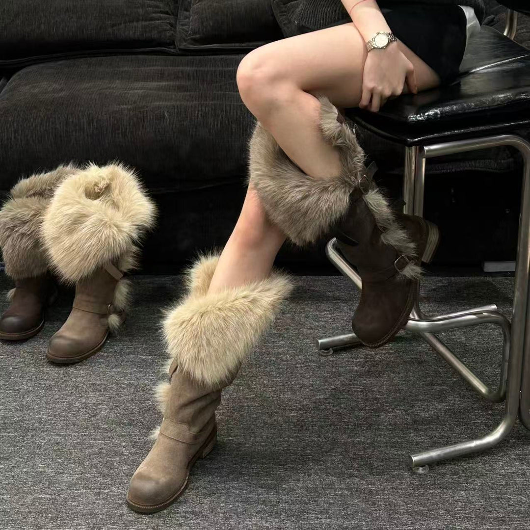 Damen Winterstiefel mit flauschigem Kunstfellkragen und modischen Schnallen EB