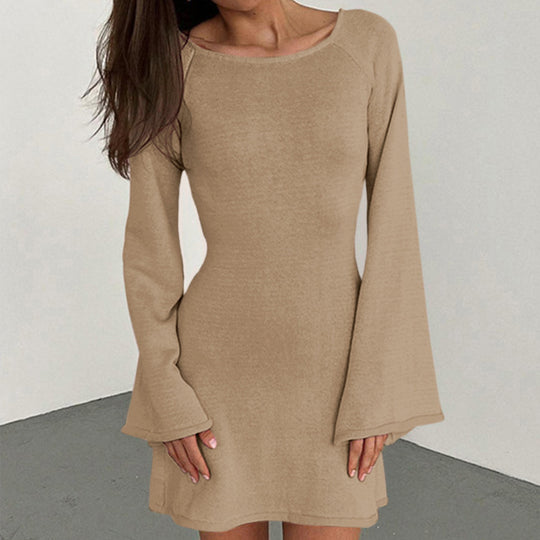 Damen lässiges Strickkleid mit weiten Ärmeln und Rundhalsausschnitt EB