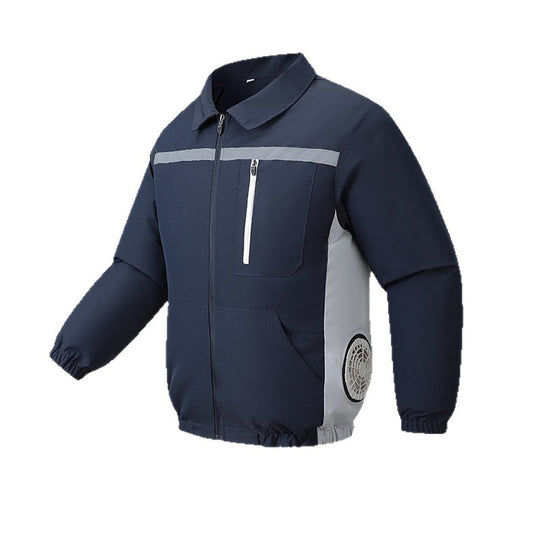 Unisex nan ventilated work cooling jacket with side vent inserts, removable battery compartment and reflective inserts EB