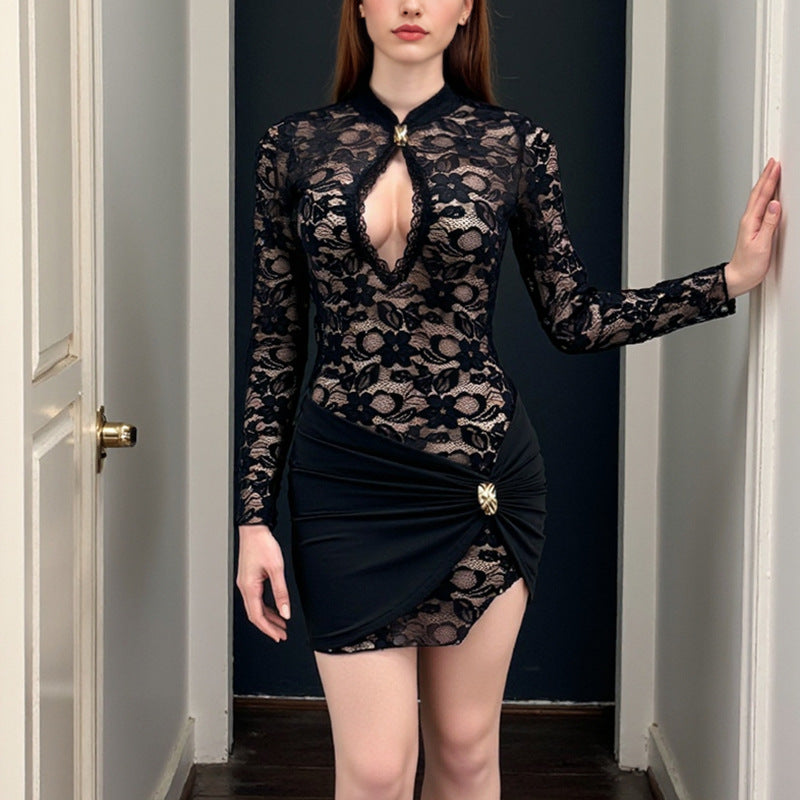 Damen verführerisches Spitzenkleid mit tiefem Ausschnitt und körperbetontem Design EB