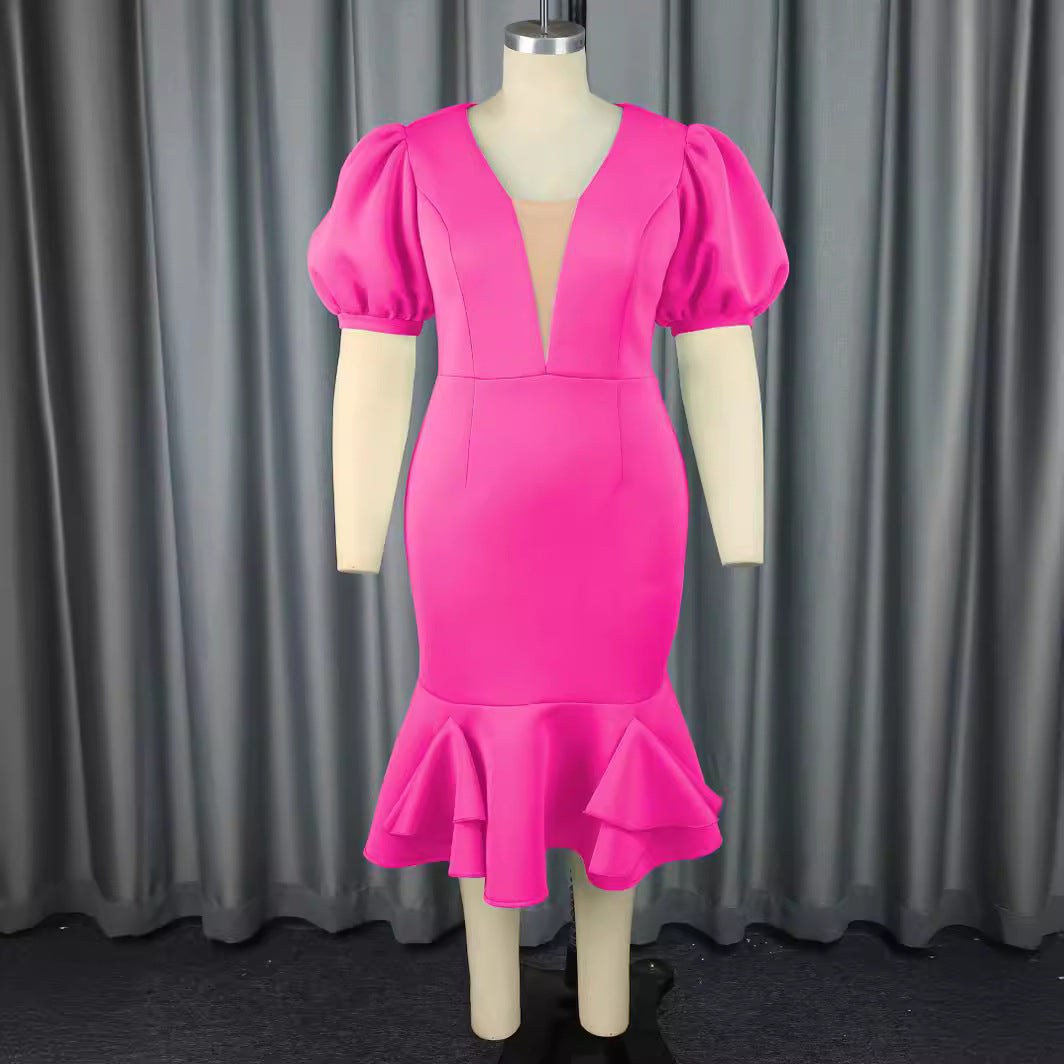 Damen figurbetontes Kleid mit voluminösen Puffärmeln und elegantem Rüschenabschluss EB