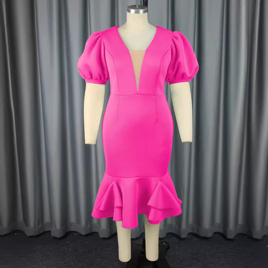 Damen figurbetontes Kleid mit voluminösen Puffärmeln und elegantem Rüschenabschluss EB