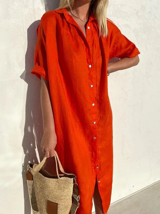 EB | Knopfkleid mit weitem Ausschnitt und schmalen Ärmeln, elegant und locker, für Frauen – aus Baumwolle